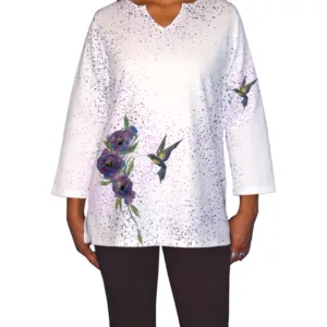 French Terry Tunic Watercolor Roses & Two Hummers Speckle