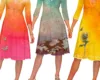 three different dresses in different colors and artwork