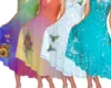 four dresses in different colors and different artwork